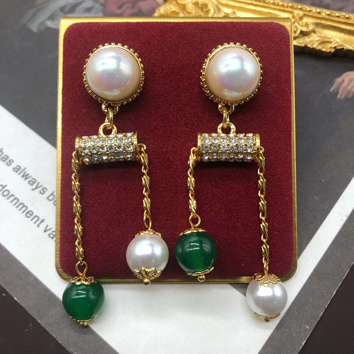 Green & White Luxury Akoya Pearls & Moissanite Diamonds Luxury 18k Vermeil Gold Plated Drop Earrings | Mix Mix Style-Mix MIx Style