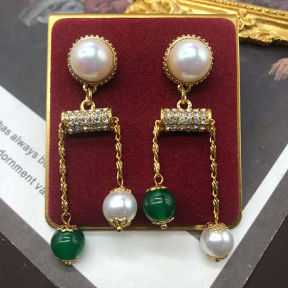 Green & White Luxury Akoya Pearls & Moissanite Diamonds Luxury 18k Vermeil Gold Plated Drop Earrings | Mix Mix Style-Mix MIx Style