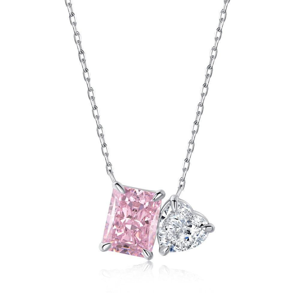 Live s925 sterling silver high carbon diamond necklace female ice flower cut pink heart-shaped pendant green diamond high-grade clavicle chain-Mix MIx Style