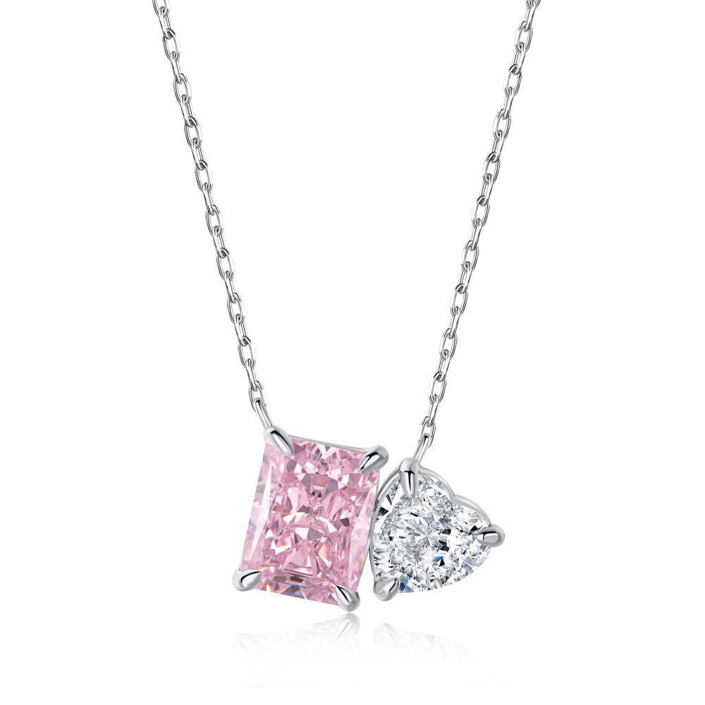 Live s925 sterling silver high carbon diamond necklace female ice flower cut pink heart-shaped pendant green diamond high-grade clavicle chain-Mix MIx Style
