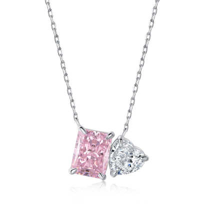 Live s925 sterling silver high carbon diamond necklace female ice flower cut pink heart-shaped pendant green diamond high-grade clavicle chain-Mix MIx Style