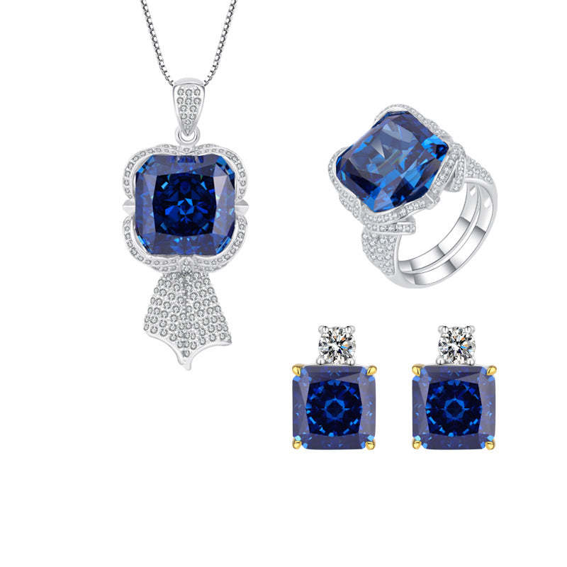 S925 Silver Hot Sale High Carbon Diamond Radiant Cut Royal Blue Pendant Ring 14*14 Earrings 10*10 Women's Set-Mix MIx Style