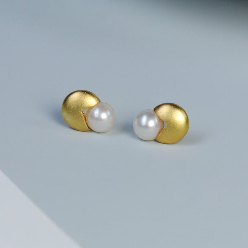 Two-color Circle White Akoya Pearl Elegant 18k White/Vermeil Gold Plated Stud Earrings | Mix Mix Style-Mix MIx Style
