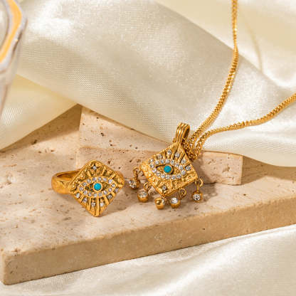 Turquoise Devils Eye Retro  Pendant White Diamonds Luxury 18k Gold Plated Necklace & Ring Jewelry Set | Mix Mix Style-Mix MIx Style