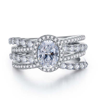 White Multi-Row Oval Cut Moissanite Diamond 3ct 18k White Gold Plated Engagement Ring | Mix Mix Style-Mix MIx Style