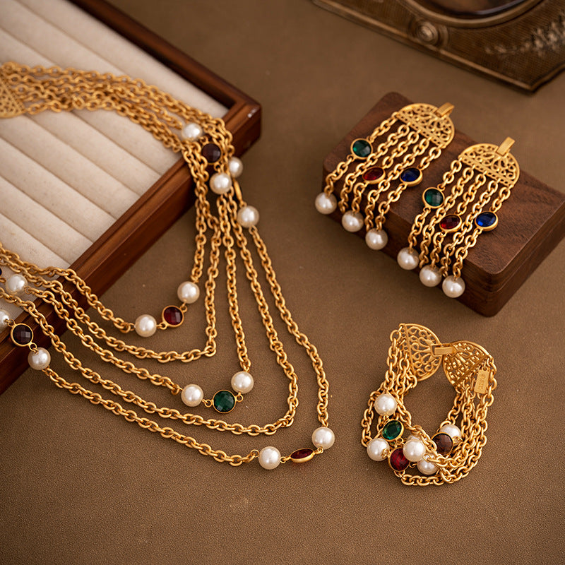 Multi-layer Classic Pendant Akoya Pearl & Diamonds 18k Gold Plated Necklace Earring Bracelet Jewelry Set | Mix Mix Style-Mix MIx Style