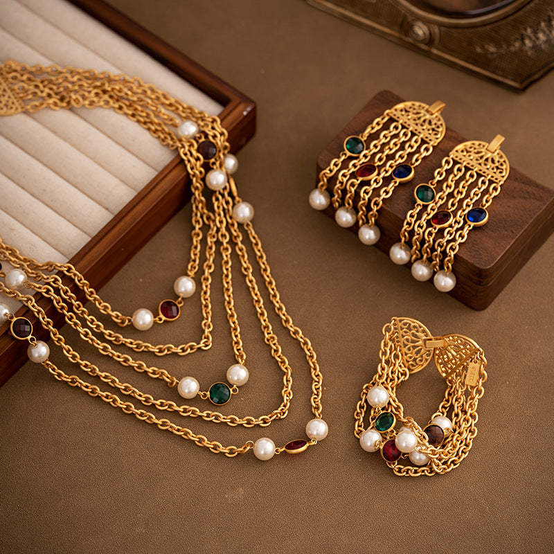 Multi-layer Classic Pendant Akoya Pearl & Diamonds 18k Gold Plated Necklace Earring Bracelet Jewelry Set | Mix Mix Style-Mix MIx Style