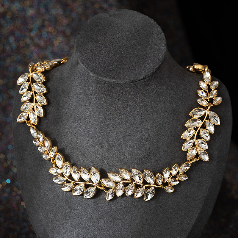 Retro Classic Green Leafs Marquise Diamonda Luxury 18k Gold Plated Necklace Earring Jewelry Set | Mix Mix Style-Mix MIx Style