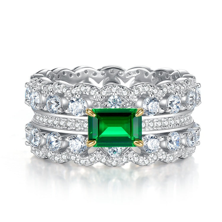 Double Row Luxurious Green Radiant Cut Moissanite Diamond 18k White Gold Plated Engagement Ring | Mix Mix Style-Mix MIx Style