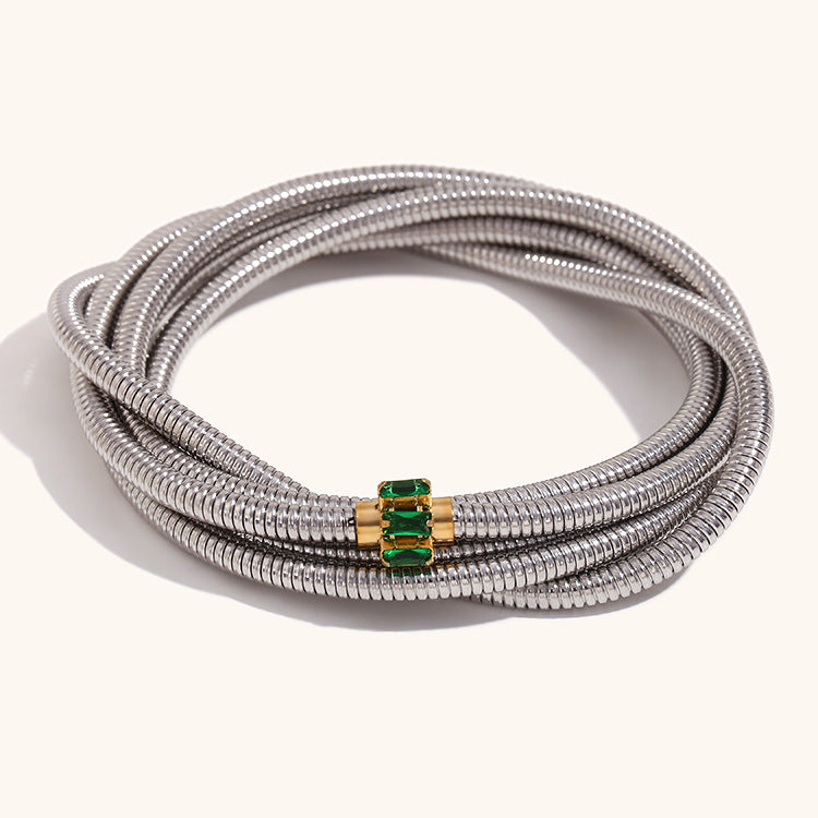 European and American cross-border hot selling simple and versatile fashion stainless steel plated 18K gold multi-layer snake chain wrapped green diamond bracelet for women-Mix MIx Style