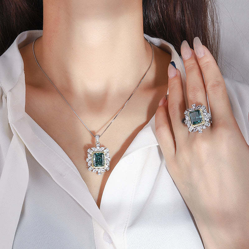 Dark Green Retro Square Pendant Radiant Diamond 5ct Luxury 18k Gold Plated Necklace & Ring Jewelry Set | Mix Mix Style-Mix MIx Style