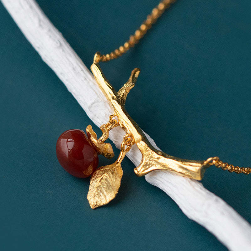 Red Retro Fruit Branch Leaf Pendant Gemstone Elegant 18k Vermeil Gold Plated Necklace Jewelry | Mix Mix Style-Mix MIx Style