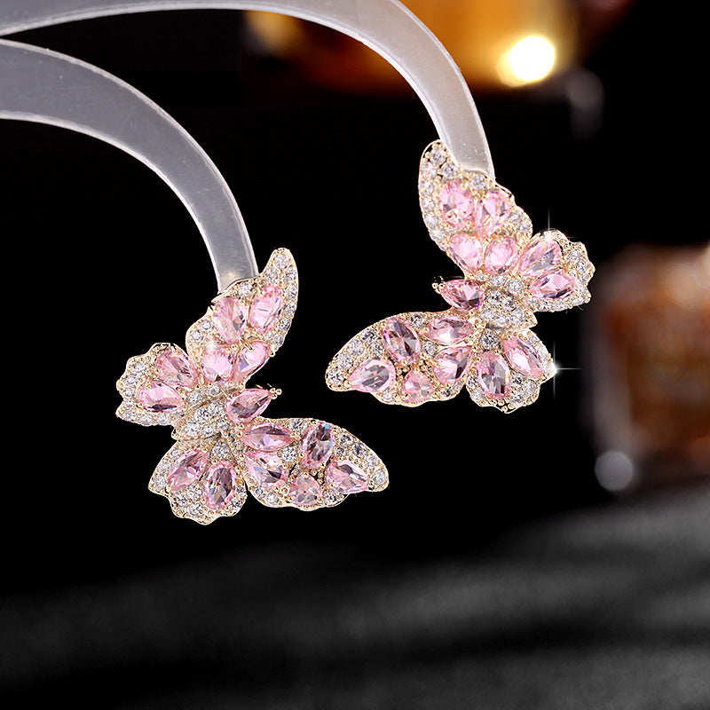 New European and American earrings heavy-duty high-grade color zircon earrings for women with atmospheric s925 silver needle three-dimensional butterfly earrings-Mix MIx Style