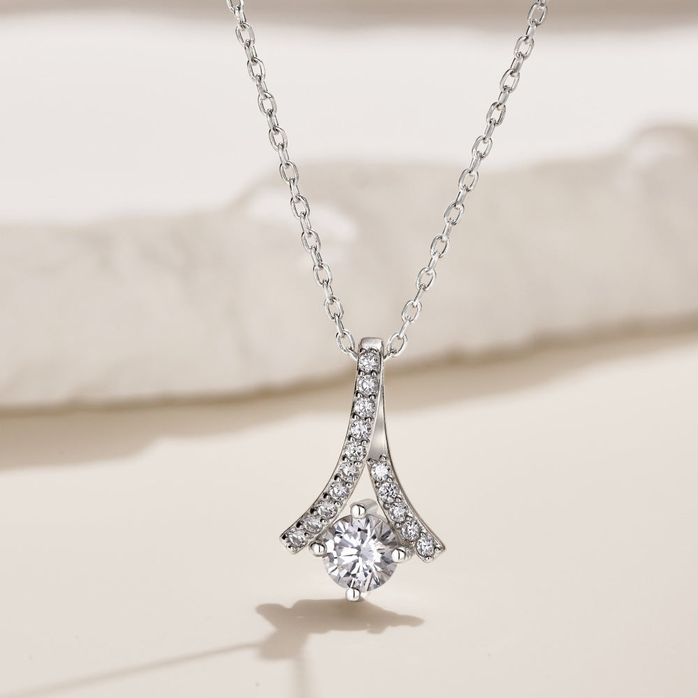 Seiko S925 sterling silver necklace for women niche high-end design diamond zircon herringbone fan-shaped pendant clavicle chain-Mix MIx Style