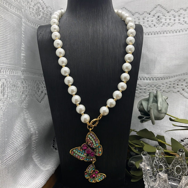 Butterfly Multicolor Vintage Retro Pendant Pink Oval Cut Diamond Luxury 18k Gold Plated Necklace & Brooch Jewelry Set | Mix Mix Style-Mix MIx Style