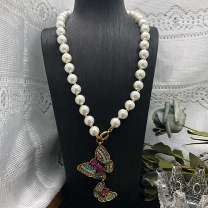 Butterfly Multicolor Vintage Retro Pendant Pink Oval Cut Diamond Luxury 18k Gold Plated Necklace & Brooch Jewelry Set | Mix Mix Style-Mix MIx Style