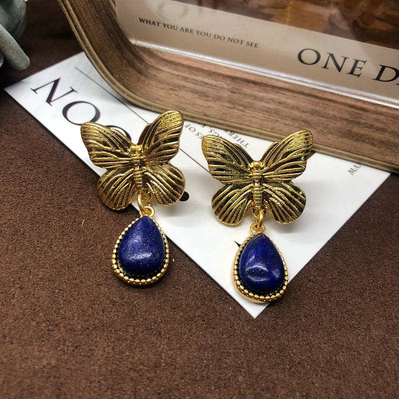 Butterfly Vintage Retro Pendant Blue Pear Cut Diamond Luxury 18k Gold Plated Earrings Ring Jewelry Set | Mix Mix Style-Mix MIx Style