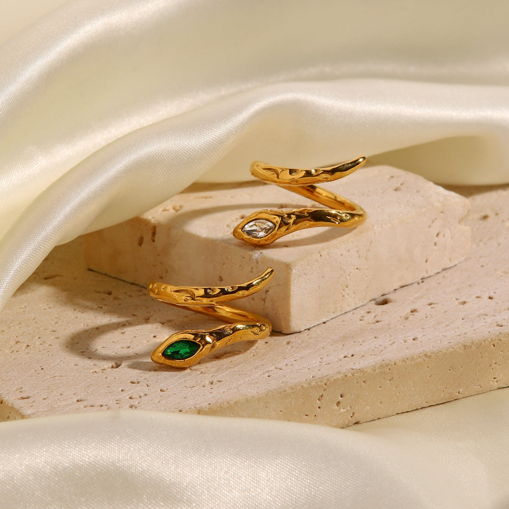Niche design titanium steel index finger ring light luxury ins trend cold style lava snake-shaped opening inlaid with white/green diamond ring-Mix MIx Style