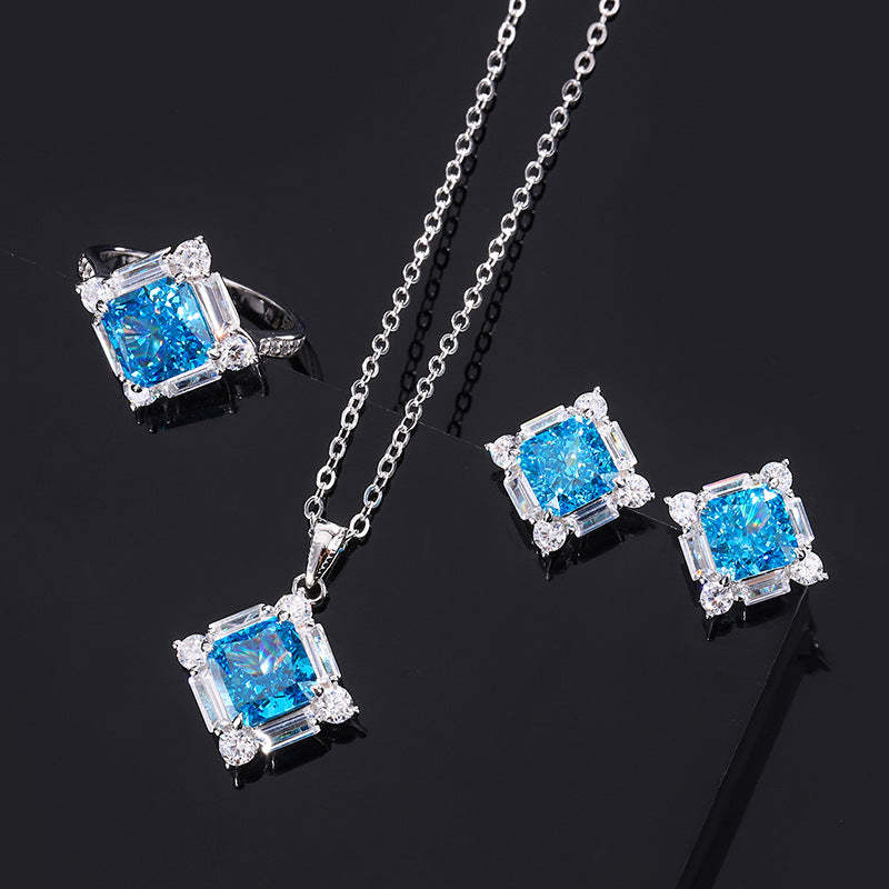 2023 New S925 Silver High Carbon Diamond Aquamarine Princess Square Diamond Set Female Main Stone 8*8-7*7-Mix MIx Style