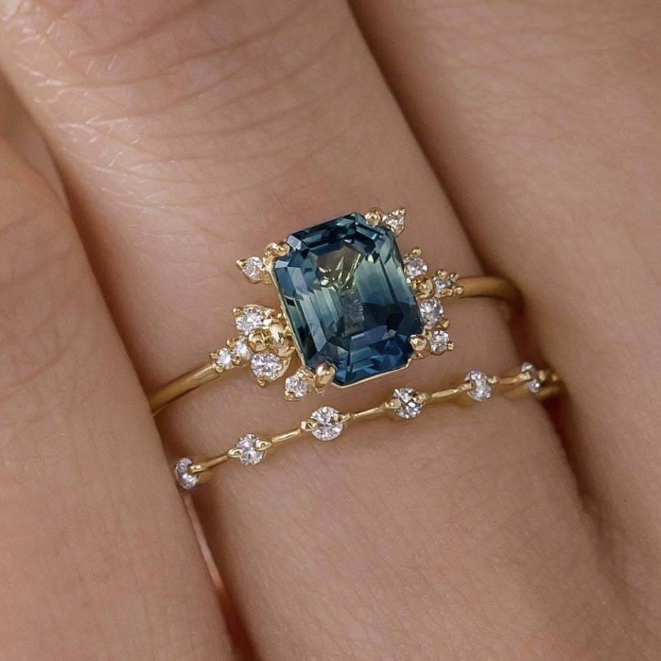 Blue & White Dainty Timeless Radiant Cut Moissanite Diamond 18k White 