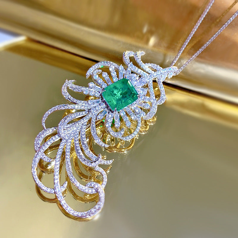 Mujing Jewelry 2022 New Style 925 Silver 10*12 Simulated Emerald Feather Brooch Pendant Luxuriously Inlaid Back Cover Design-Mix MIx Style