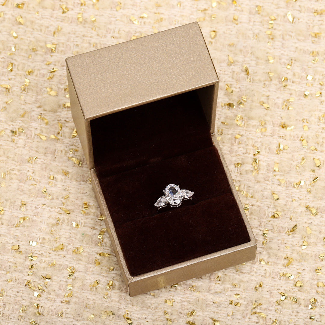 925 silver HW three-stone 2.5ct oval diamond ring egg-shaped ice flower cut high carbon diamond wedding ring light luxury high-end ring female-Mix MIx Style