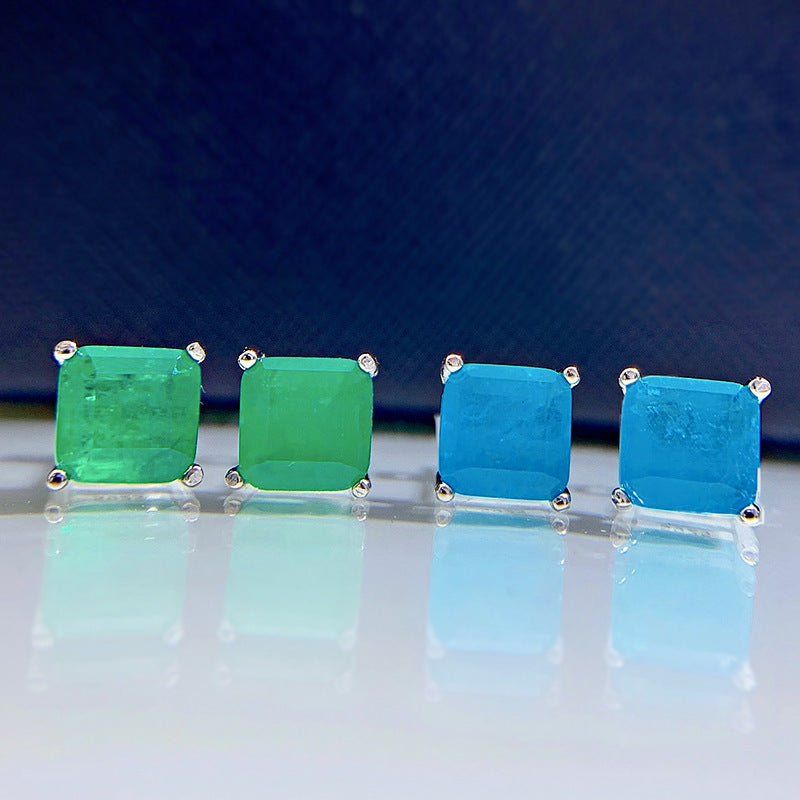 Dainty Green - Blue Claw Timeless Princess Cut Moissanite Diamonds Elegant 18k White Gold Plated Stud Earrings | Mix Mix Style-Mix MIx Style