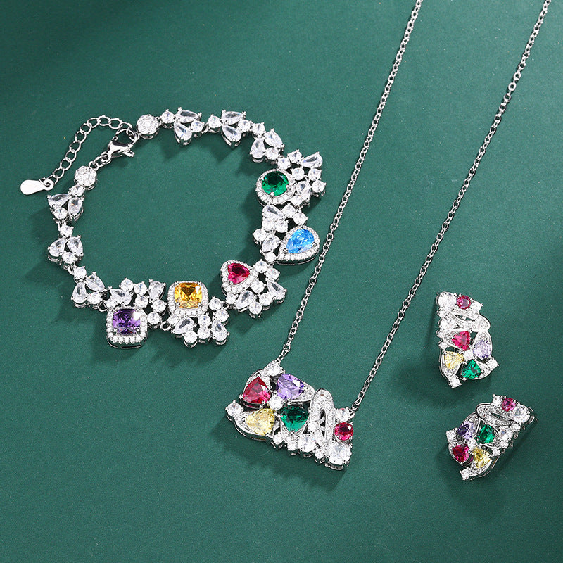 Multicolor Vintage Pendant Cut Diamonds Luxury 18k White Gold Plated Necklace Earring Bracelet Jewelry Set | Mix Mix Style-Mix MIx Style