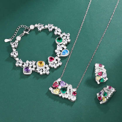 Multicolor Vintage Pendant Cut Diamonds Luxury 18k White Gold Plated Necklace Earring Bracelet Jewelry Set | Mix Mix Style-Mix MIx Style