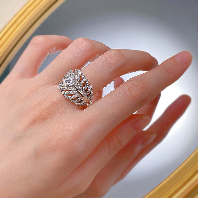 White Multi Row Leaf Round Cut Moissanite Diamond 1ct 18k White Gold Engagement Ring | Mix Mix Style-Mix MIx Style