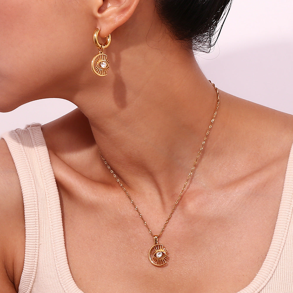 Circle Retro Devils Eyes White Diamond Vintage Elegant 18k Vermeil/White Gold Plated Necklace & Earrings Jewelry Set | Mix Mix Style-Mix MIx Style