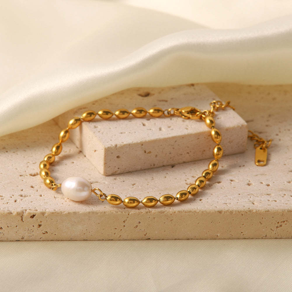 Minimalist Vintage Golden Beads Akoya Pearl Pendant Luxury 18k Gold Plated Necklace Bracelet Jewelry Set | Mix Mix Style-Mix MIx Style