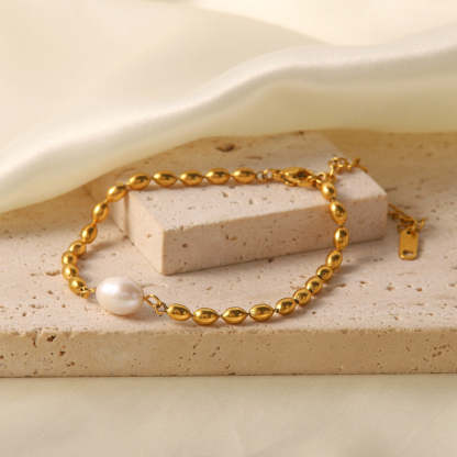 Minimalist Vintage Golden Beads Akoya Pearl Pendant Luxury 18k Gold Plated Necklace Bracelet Jewelry Set | Mix Mix Style-Mix MIx Style