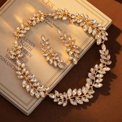 Retro Classic Green Leafs Marquise Diamonda Luxury 18k Gold Plated Necklace Earring Jewelry Set | Mix Mix Style-Mix MIx Style