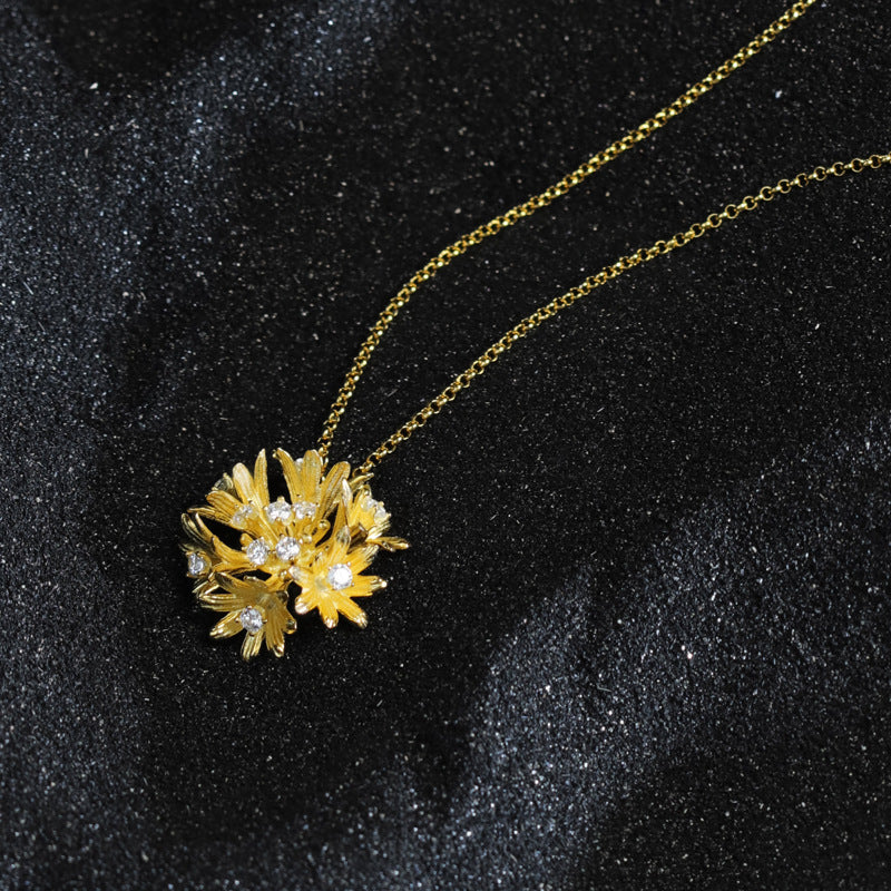 Golden Dainty Retro Flower Pendant Round Cut Diamonds Luxury 18k Gold Plated Necklace Jewelry | Mix Mix Style-Mix MIx Style