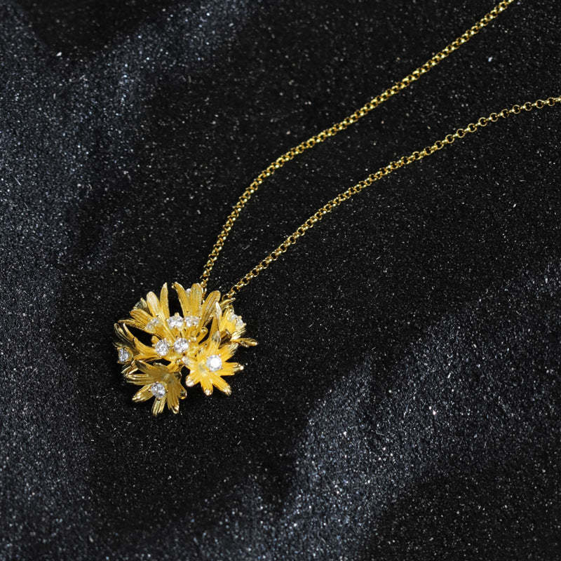 Golden Dainty Retro Flower Pendant Round Cut Diamonds Luxury 18k Gold Plated Necklace Jewelry | Mix Mix Style-Mix MIx Style