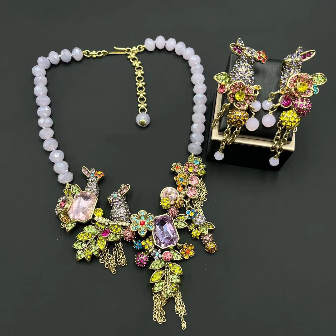 Green Animals Vintage Pendant Akoya Pearls & Diamonds Luxury 18k Gold Plated Necklace Earrings Jewelry Set | Mix Mix Style-Mix MIx Style