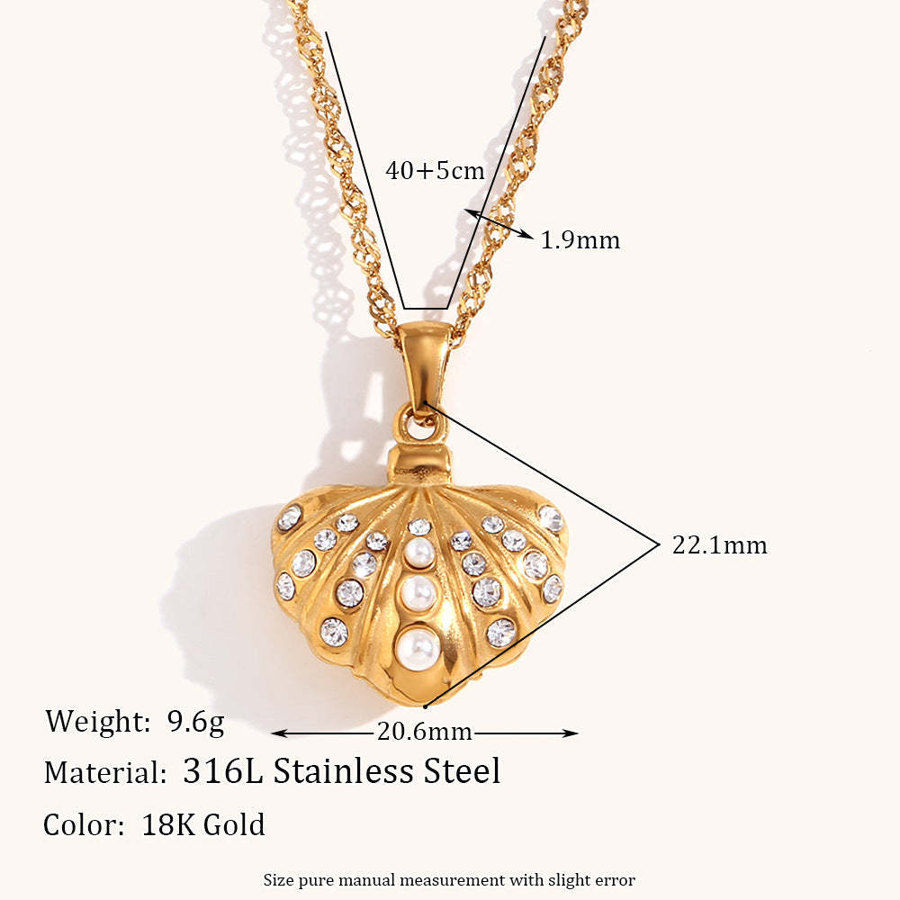 Seashell White Diamonate Vintage Classic Pendant Luxury 18k Gold Plated Necklace & Ring Jewelry Set | Mix Mix Style-Mix MIx Style
