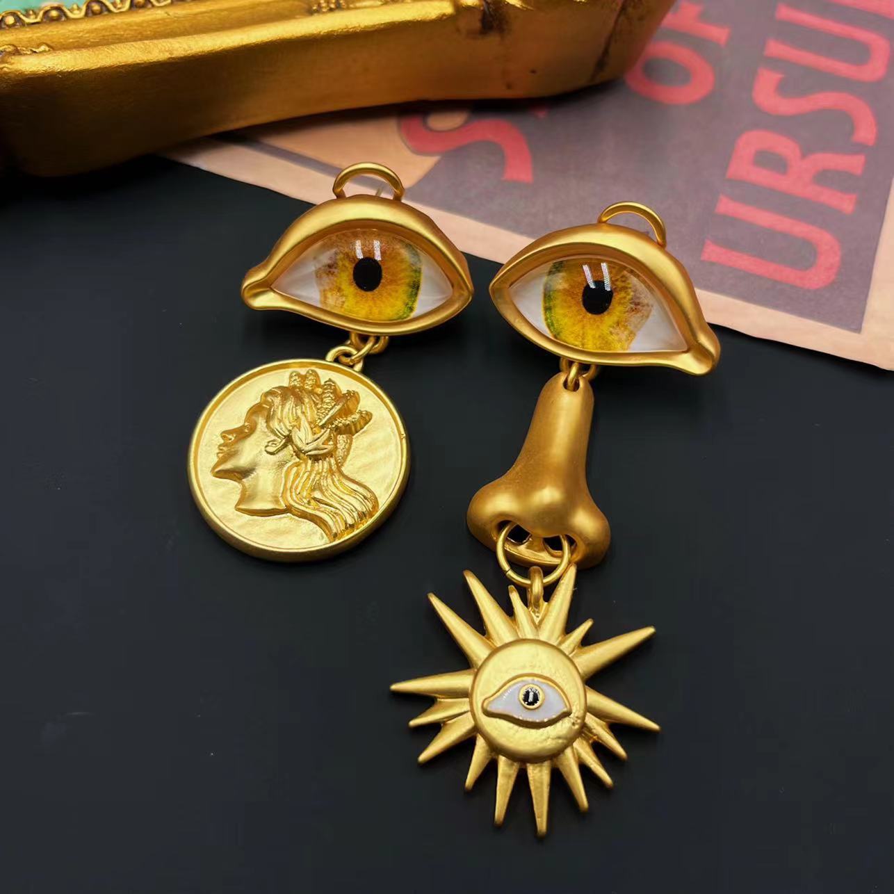 Asymmetric Devils eye Sun Luxury 18k Vermeil Gold Plated Vintage Retro Drop Earrings | Mix Mix Style-Mix MIx Style