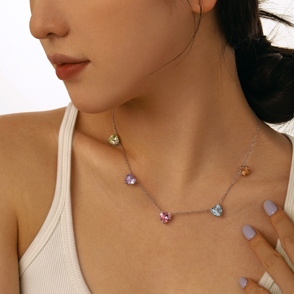 New S925 sterling silver necklace for women inlaid with colorful heart-shaped zircon niche design fashion love pendant clavicle chain-Mix MIx Style
