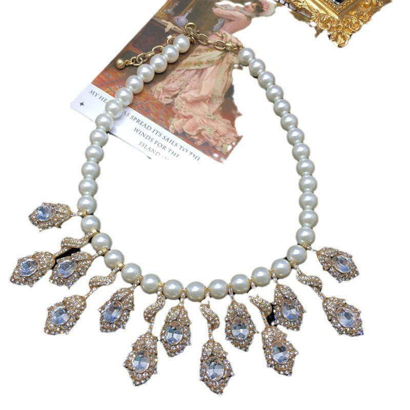 Vintage Retro Pendants White Oval Cut Diamond Akoya Pearl 18k Gold Plated Necklace Earrings Jewelry Set | Mix Mix Style-Mix MIx Style