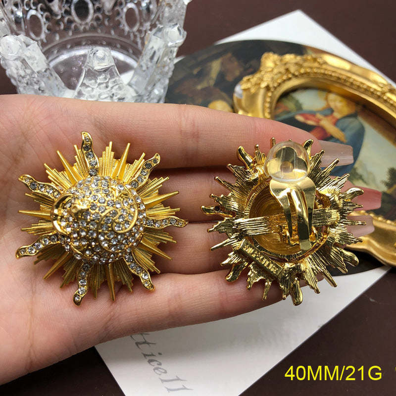 Sun Vintage Pendant White Micro Diamonds Luxury 18k Vermeil Gold Plated Earring Brooch Jewelry Set | Mix Mix Style-Mix MIx Style