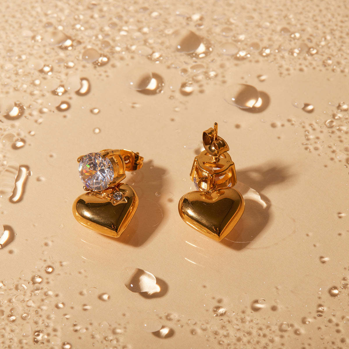 Love Glossy Heart Shaped Trendy Round Moissanite Diamond Elegant 18k Vermeil Gold Plated Drop Earrings | Mix Mix Style-Mix MIx Style