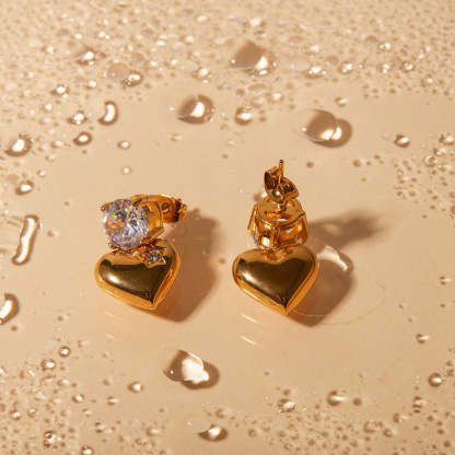 Love Glossy Heart Shaped Trendy Round Moissanite Diamond Elegant 18k Vermeil Gold Plated Drop Earrings | Mix Mix Style-Mix MIx Style
