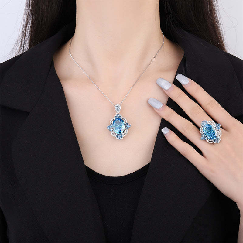 S925 Silver Douyin Popular High Carbon Diamond Radiant Cut Aquamarine Pendant Necklace Ring Stone 18*13 Set-Mix MIx Style
