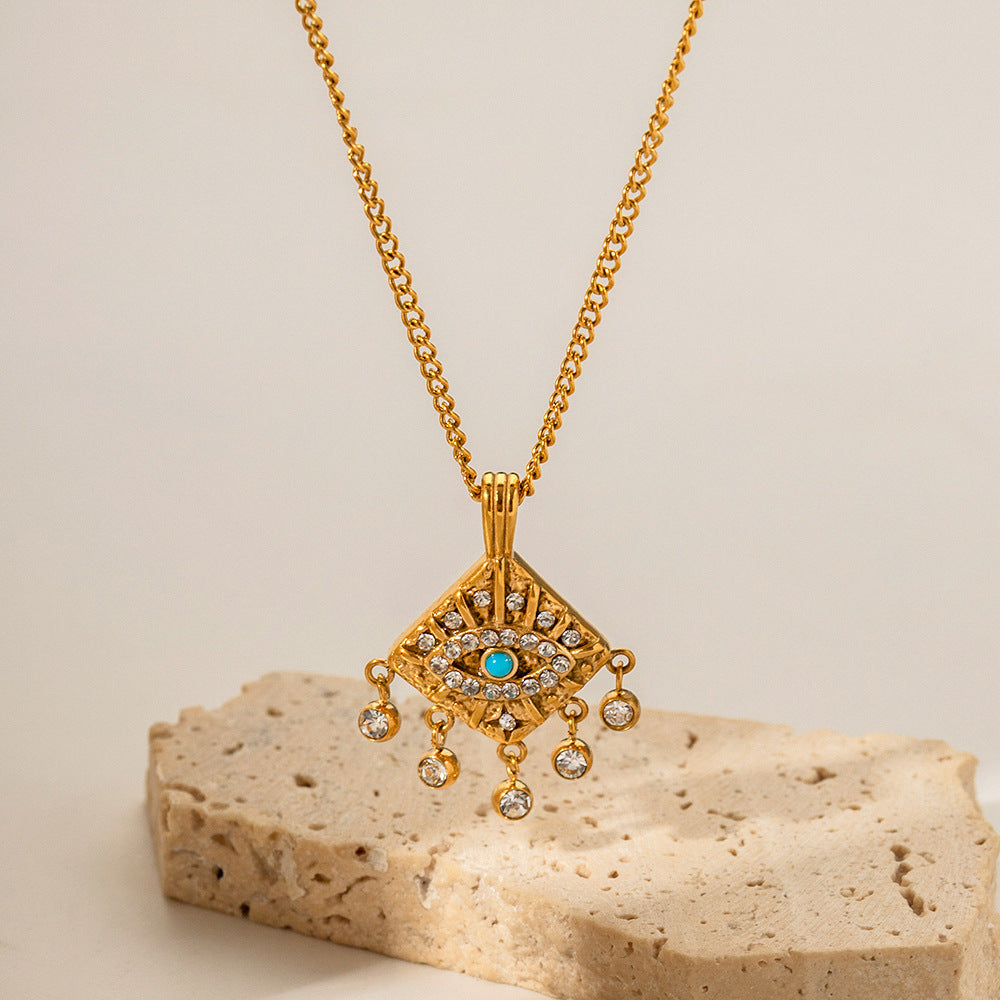Turquoise Devils Eye Retro  Pendant White Diamonds Luxury 18k Gold Plated Necklace & Ring Jewelry Set | Mix Mix Style-Mix MIx Style
