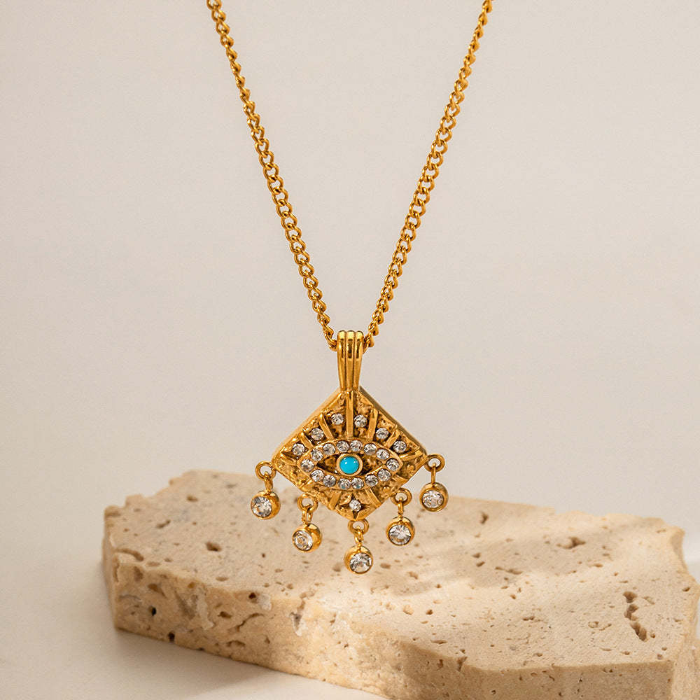 Turquoise Devils Eye Retro  Pendant White Diamonds Luxury 18k Gold Plated Necklace & Ring Jewelry Set | Mix Mix Style-Mix MIx Style