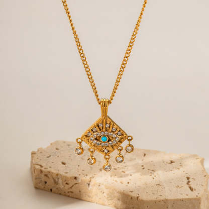 Turquoise Devils Eye Retro  Pendant White Diamonds Luxury 18k Gold Plated Necklace & Ring Jewelry Set | Mix Mix Style-Mix MIx Style