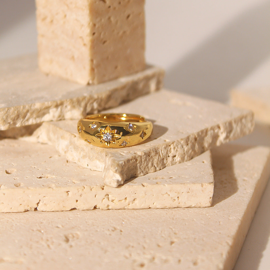 Vintage Style Star Centre White Diamond Elegant Dainty 18k Vermeil Gold Plated Ring Jewelry | Mix Mix Style-Mix MIx Style