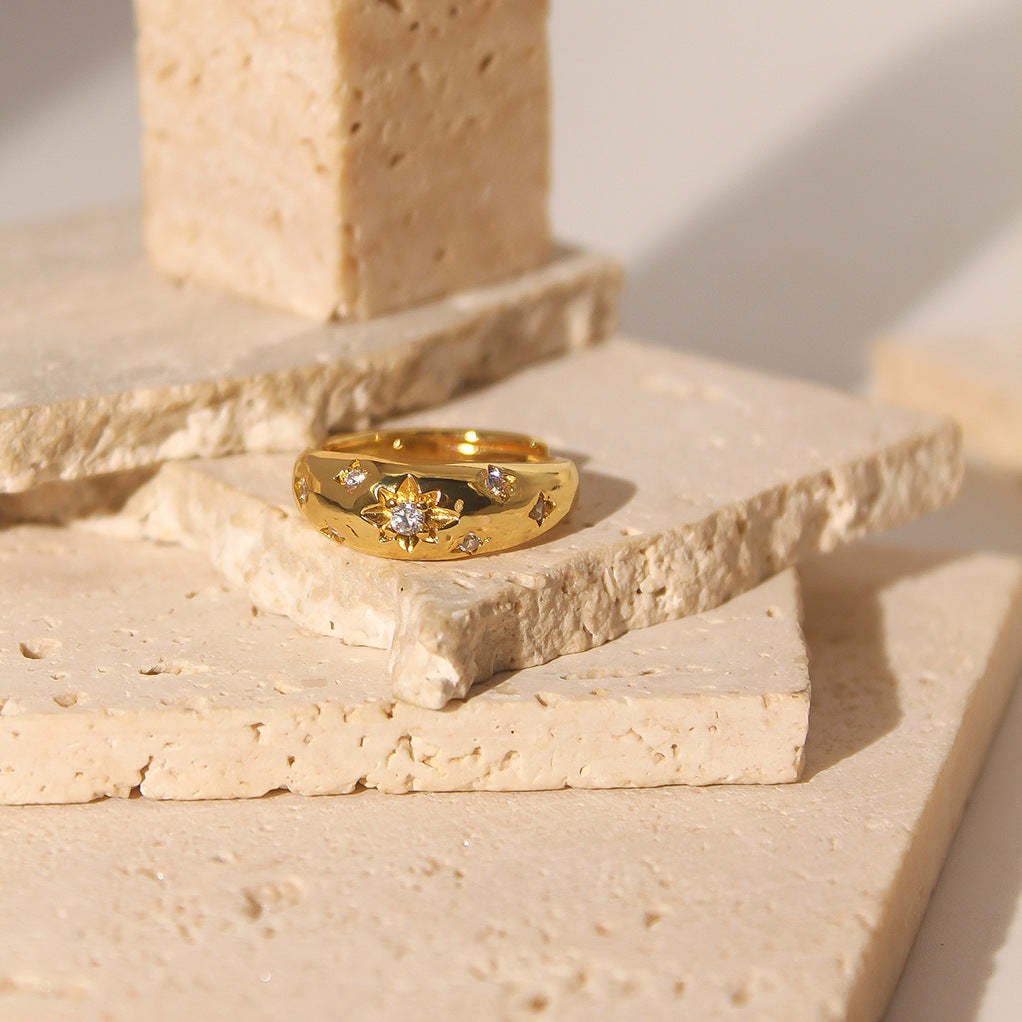 Vintage Style Star Centre White Diamond Elegant Dainty 18k Vermeil Gold Plated Ring Jewelry | Mix Mix Style-Mix MIx Style